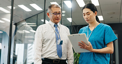 Buy stock photo Doctor, nurse and clipboard for healthcare, discussion and medical feedback with collaboration in hospital. Mature man, woman and planning for health report, teamwork or research with advice in Japan