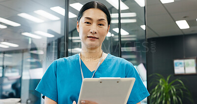 Buy stock photo Surgeon, clipboard and portrait of Japanese woman with healthcare, document and medical checklist in hospital. Nurse, cardiology and paperwork for health, wellness and clinic care with professional