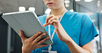 Hands, woman and nurse with tablet at hospital of surgery schedule, healthcare research and medical records. Surgeon, scroll and digital of patient information, Telehealth and history report in Japan