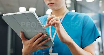 Buy stock photo Hands, woman and nurse with tablet at hospital of surgery schedule, healthcare research and medical records. Surgeon, scroll and digital of patient information, Telehealth and history report in Japan