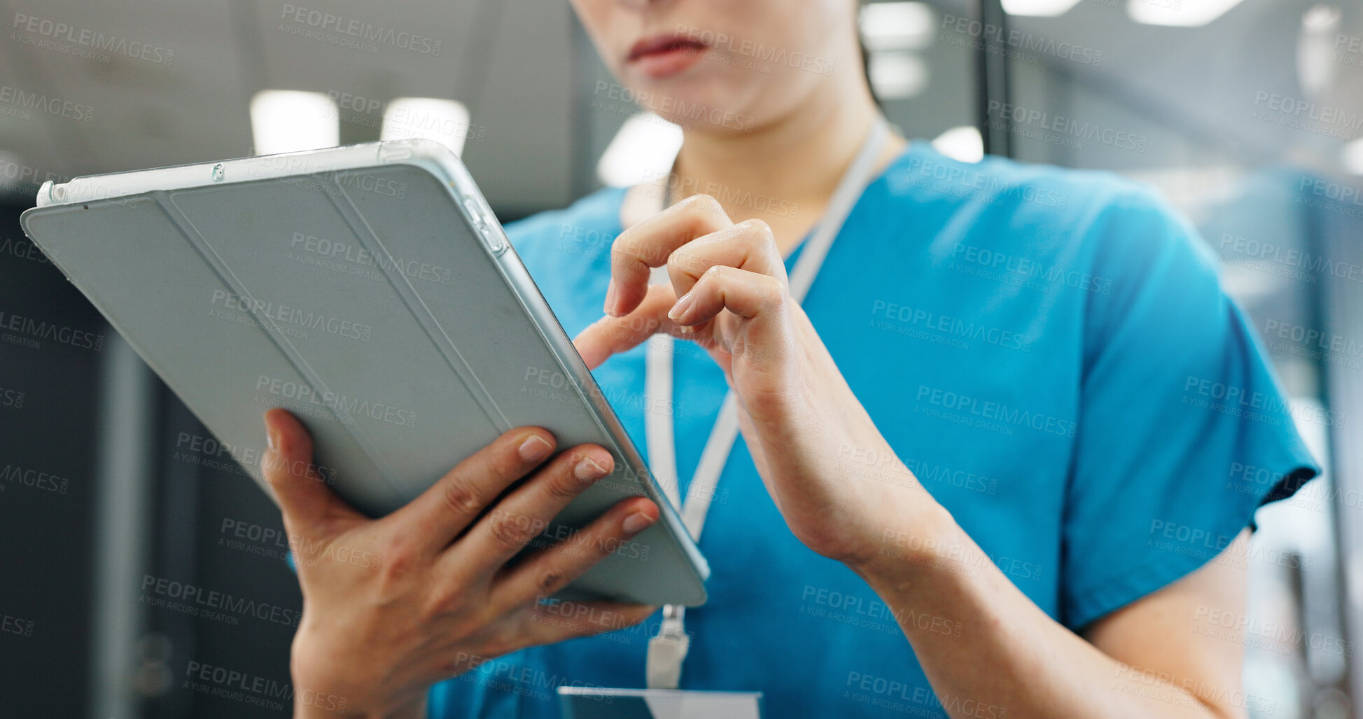 Buy stock photo Hands, woman and nurse with tablet at hospital of surgery schedule, healthcare research and medical records. Surgeon, scroll and digital of patient information, Telehealth and history report in Japan