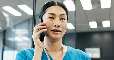 Buy stock photo Woman, nurse or phone call at hospital for healthcare service support or medical results in office. Mobile, Asian worker or talking to patient for consultation, advice or appointment booking in Japan