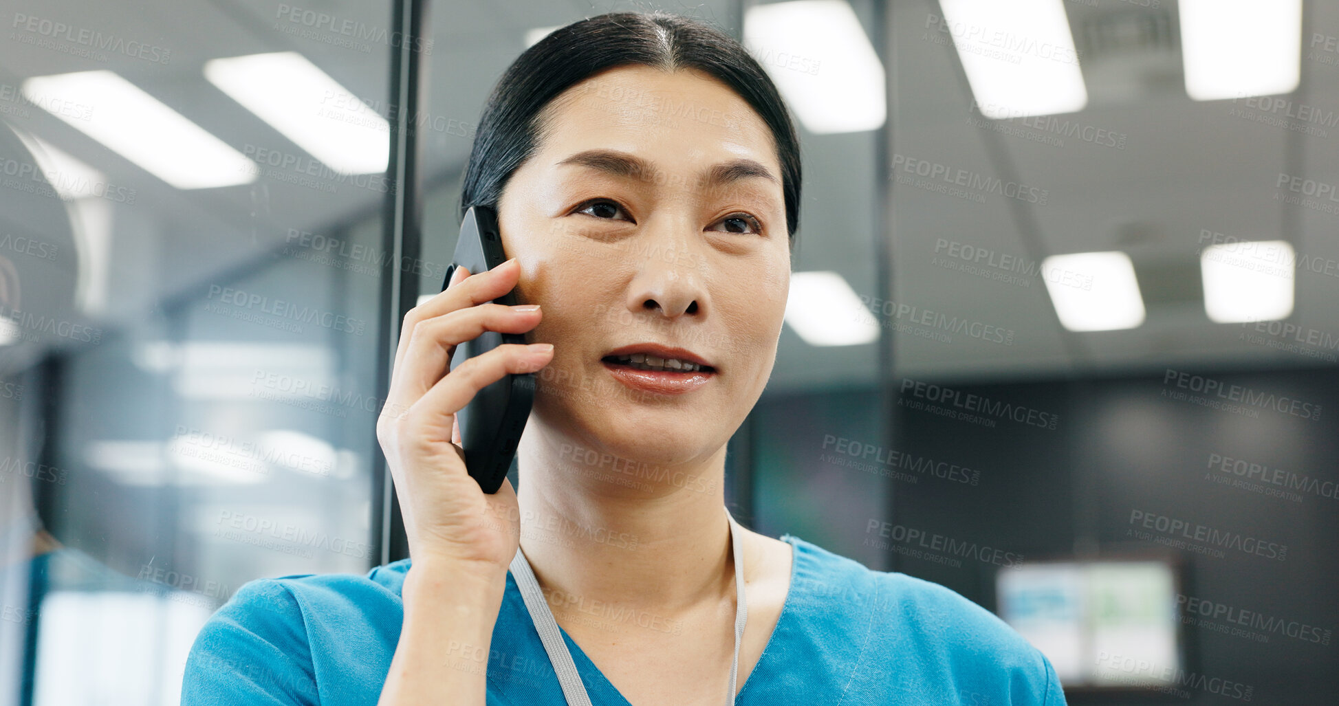 Buy stock photo Woman, nurse or phone call at hospital for healthcare service support or medical results in office. Mobile, Asian worker or talking to patient for consultation, advice or appointment booking in Japan