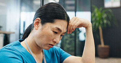 Buy stock photo Japanese, woman and surgeon with stress in hospital for healthcare doubt, medical mistake and burnout risk. Nurse, depression and anxiety with surgery crisis, bad news and treatment disaster in Japan