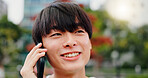 Japan, phone call and outdoor with man, smile and network for communication. Happiness, person and student with cellphone, mobile user or technology with digital app, commute or chatting with contact