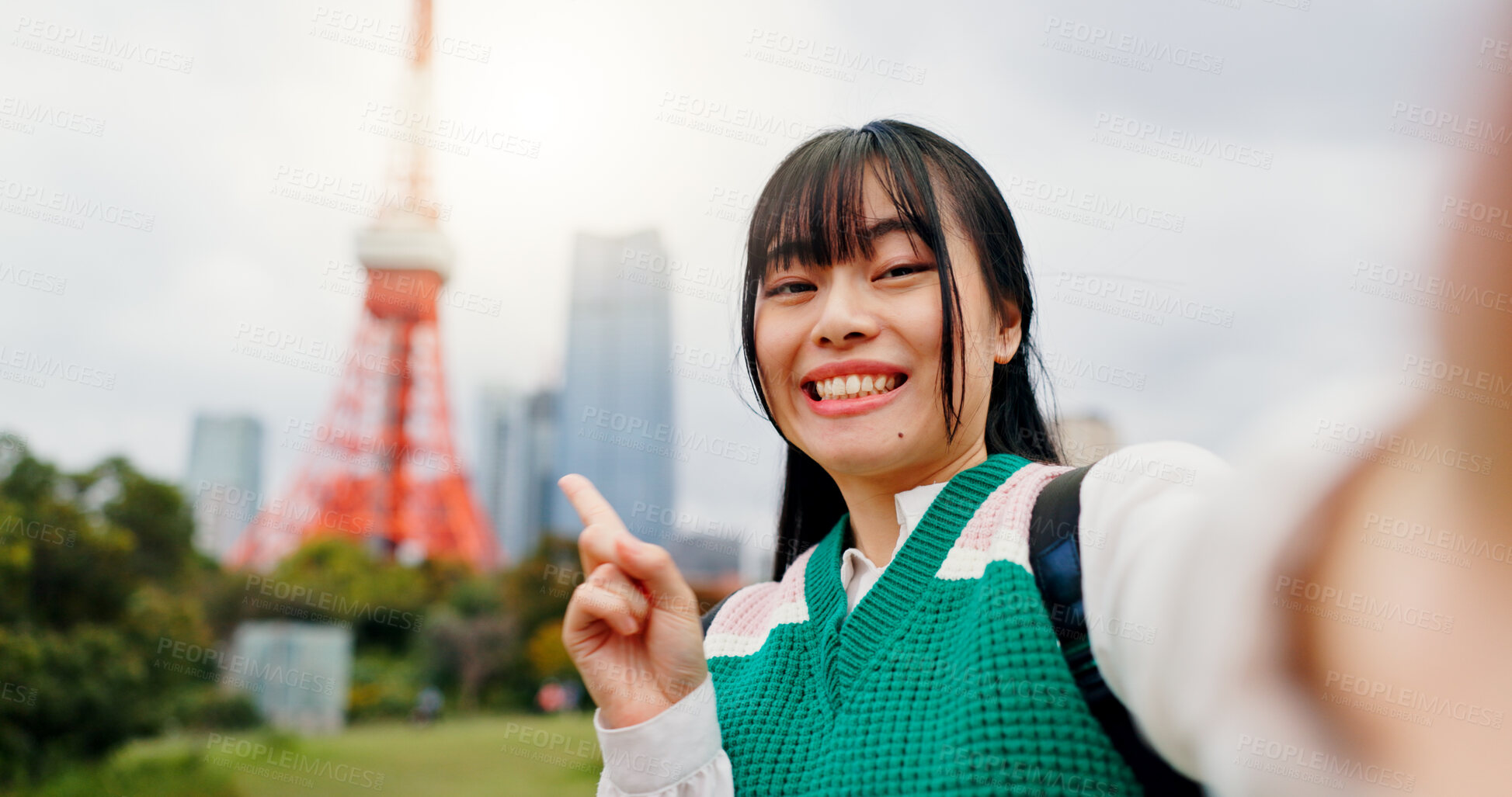 Buy stock photo Tourism, face and selfie of woman, city and photography for content creation, pointing or Tokyo Tower. Outdoor, influencer and Japanese person on vacation, profile picture or tourist on trip in Japan