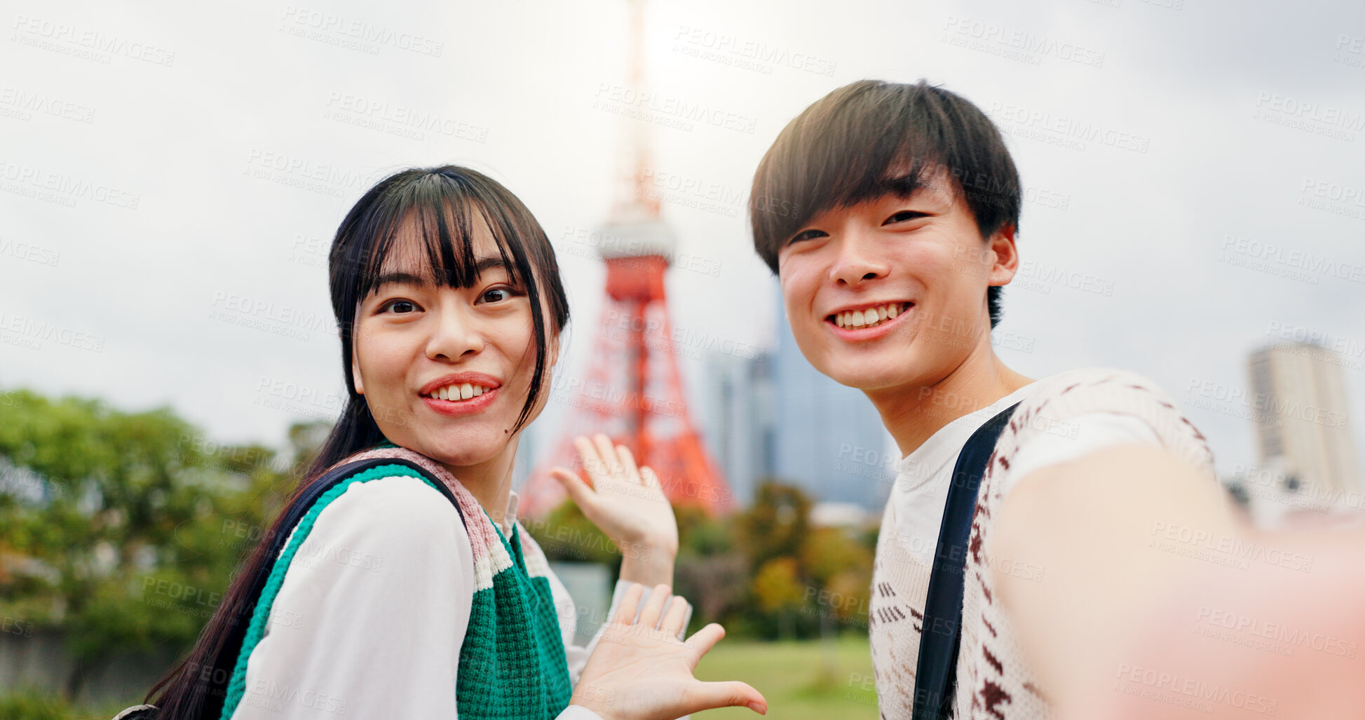 Buy stock photo Travel, portrait and selfie of couple, city and photography for content creation, bonding and Tokyo Tower. Outdoor, influencer and Japanese people on vacation, picture and tourist on trip in Japan