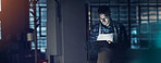 Night, tablet and store manager for quality control, stock take or inventory as small business owner. Male person, technology and power outage in restaurant with digital checklist, supplies and shop