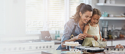 Buy stock photo Baking, mom and teaching of child, home and mixing of ingredients, bonding and happy family in kitchen. House, banner and baker with daughter, learning and recipe for dessert, love or parent with kid