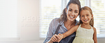 Buy stock photo Baking, mom and child in home, portrait and bonding in morning, teaching and smile for daughter in kitchen. Cooking, woman and meal prep with girl, banner and learning in house, care and Canada