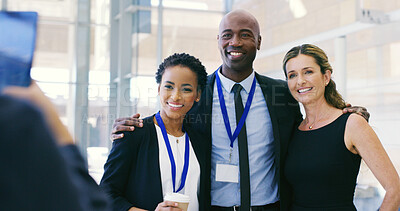 Buy stock photo Happy, business people and hug with team for picture, photography or memory at convention or workshop. Group, employees or colleagues with smile for capture moment at training seminar or workplace