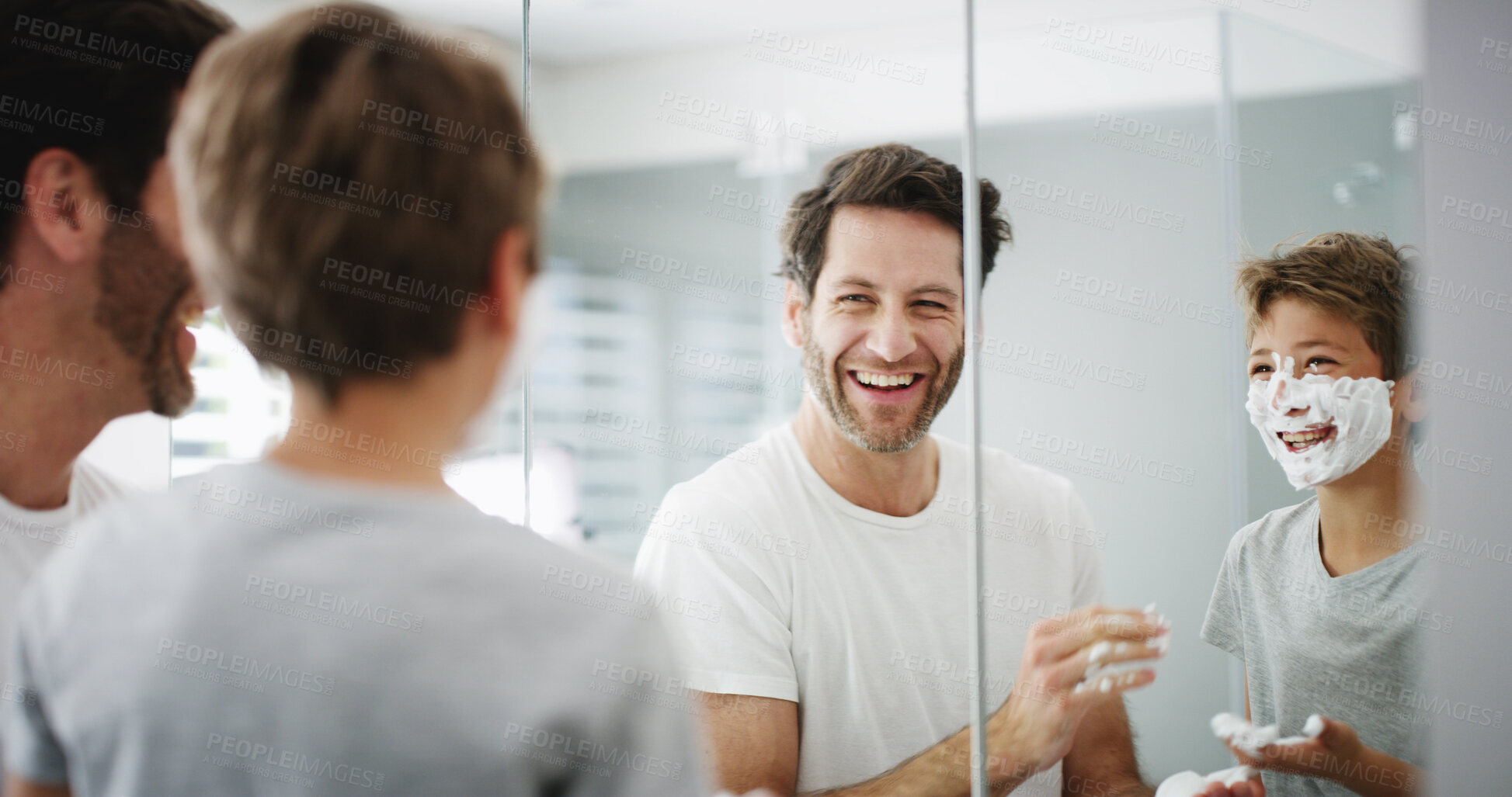 Buy stock photo Shaving cream, father and son in bathroom, reflection and playful with grooming routine. Family, parent and dad with boy, home or skincare with foam, smile or treatment with fun, teaching or learning