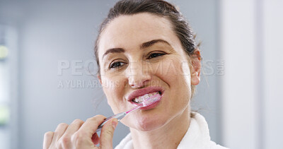 Buy stock photo Hygiene, bathroom and woman brushing teeth for in morning dental health, wellness and routine. Oral care, toothpaste and person with treatment for gum disease, cavity or plaque prevention in home