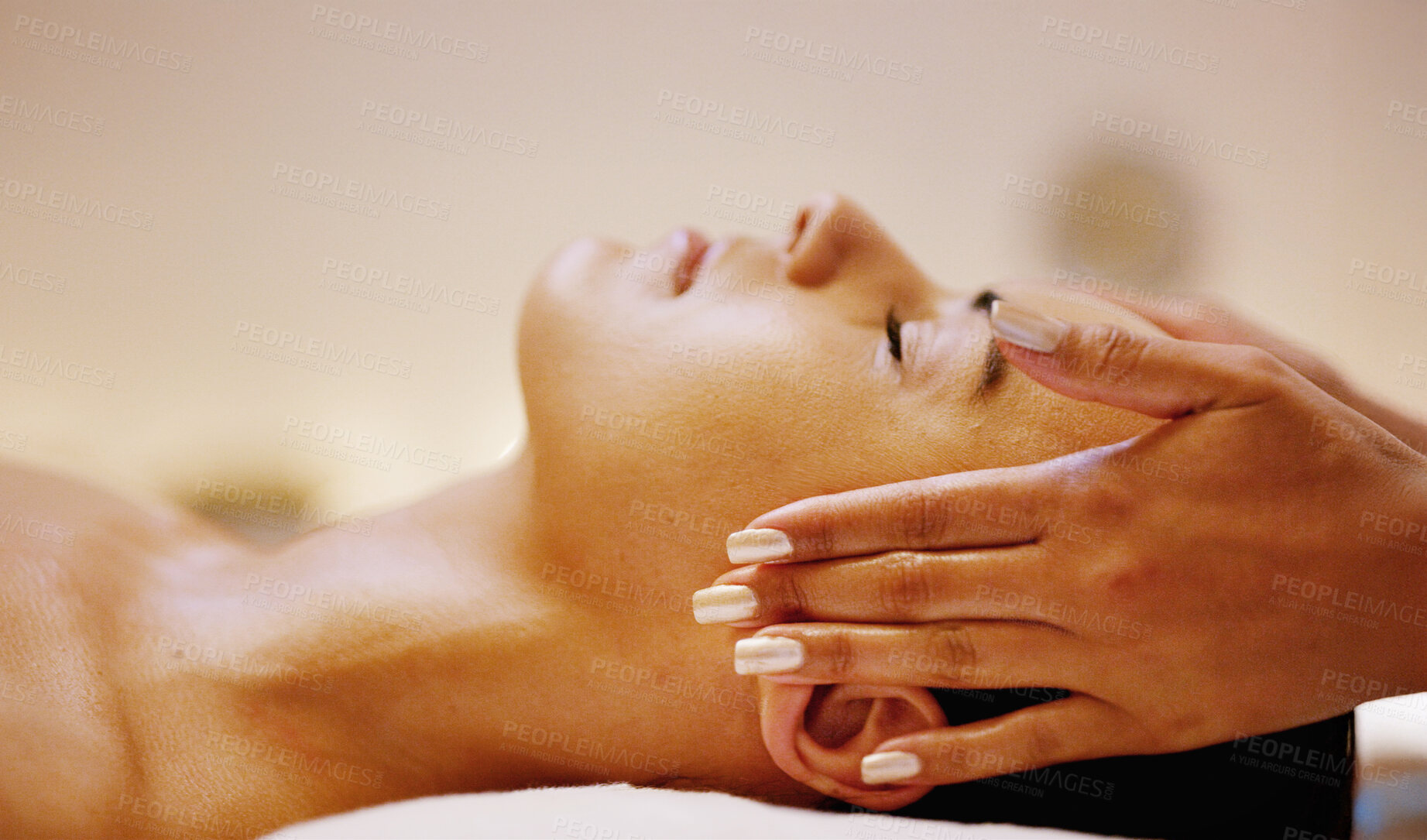 Buy stock photo Woman, therapist hands and face treatment in spa for relax, sleeping and facial massage at luxury hotel. Peace, client closeup and masseuse in resort for tension relief, salon service and hospitality