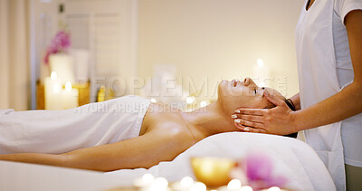 Buy stock photo Hands, head massage and woman with zen, skin and holistic spa center for wellness and health. Masseuse, peace of mind or stress relief with self care, physical healing and relaxation with therapy