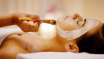 Buy stock photo Hands, woman and rest with face mask at spa for peeling detox, facial treatment and deep cleaning. People, relax and brush with cosmetic cream for healing, natural glow and organic skincare at resort