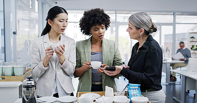 Buy stock photo Businesswomen, coffee break and office with talk, gossip and conversation as employees for company. Female people, together and drinking tea for lunch, hot beverage or professional in accounting firm