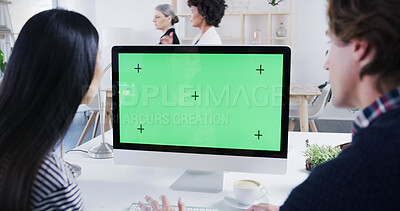 Buy stock photo Corporate, people and computer with green screen in office for finance planning, tracking markers and support. Back, staff and mockup space with investment research, collaboration and project budget