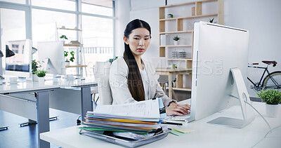 Buy stock photo Woman, computer and overwhelmed in office with documents, administration and stress for backlog. Asian accountant, tech and overworked in agency with paperwork, company audit or deadline with anxiety