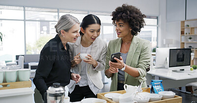 Buy stock photo Business women, coffee break and mobile phone with conversation, team and secret as employee. Female people, technology and gossip for lunch, hot beverage or social media in accounting firm or office