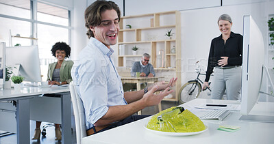 Buy stock photo Prank, funny and jelly with business people in office for hazing ritual, comedy and April fools celebration. Happiness, comic and crazy with employees laughing at man for joke, humor and silly