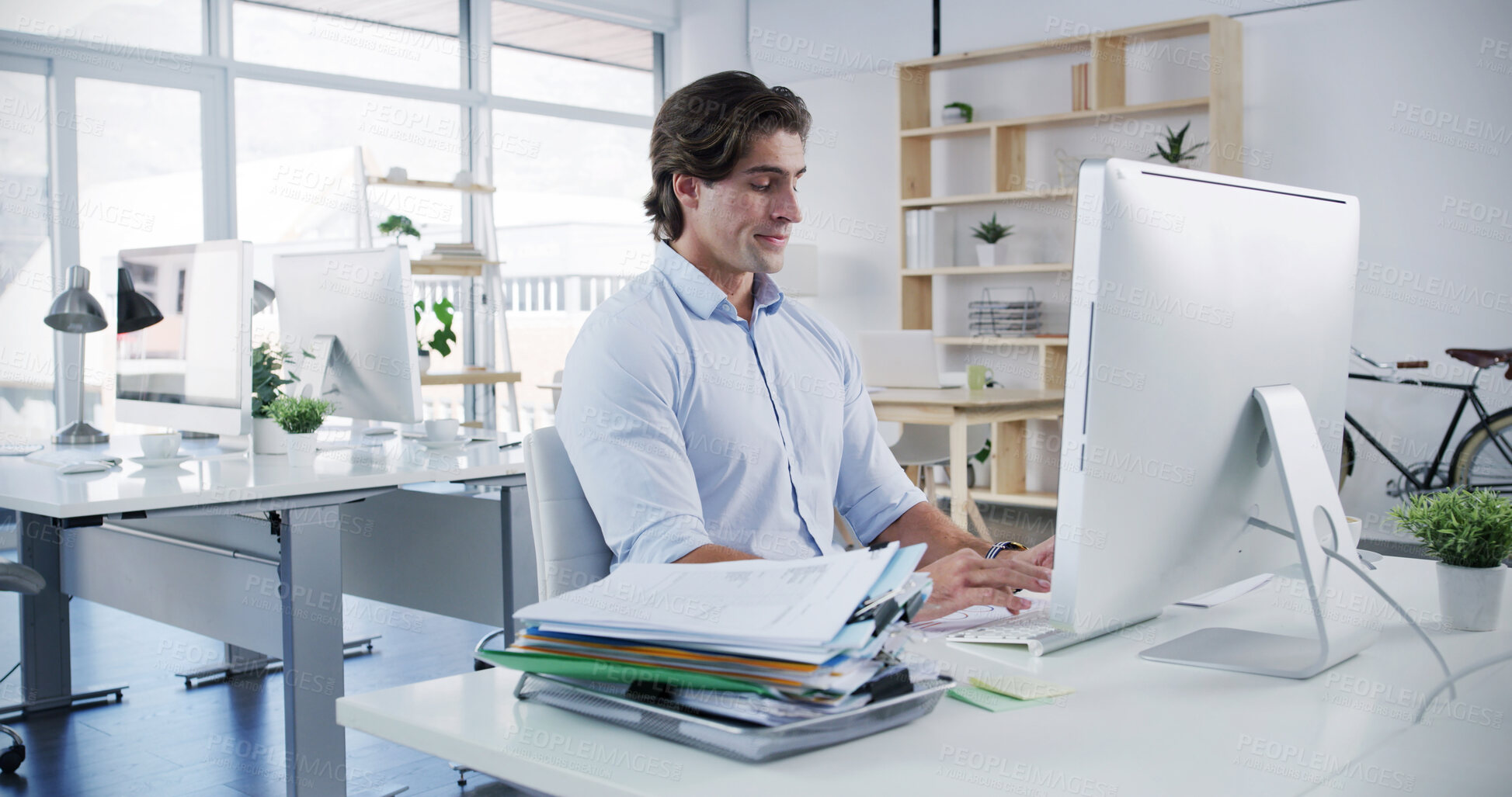 Buy stock photo Man, computer and typing in office for business, administration and financial planning. Male accountant, tech and documents in agency for feedback, company banking and payment management for audit