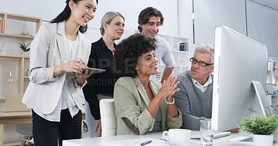 Buy stock photo Teamwork, computer and business people in office, conversation and planning for project. Magazine editor, technology and group with pc, feedback and creativity for proposal and research for article