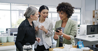 Buy stock photo Business women, coffee break and mobile phone for gossip, talking or social media as employee. Female people, technology and news for lunch, hot beverage and conversation in accounting firm or office