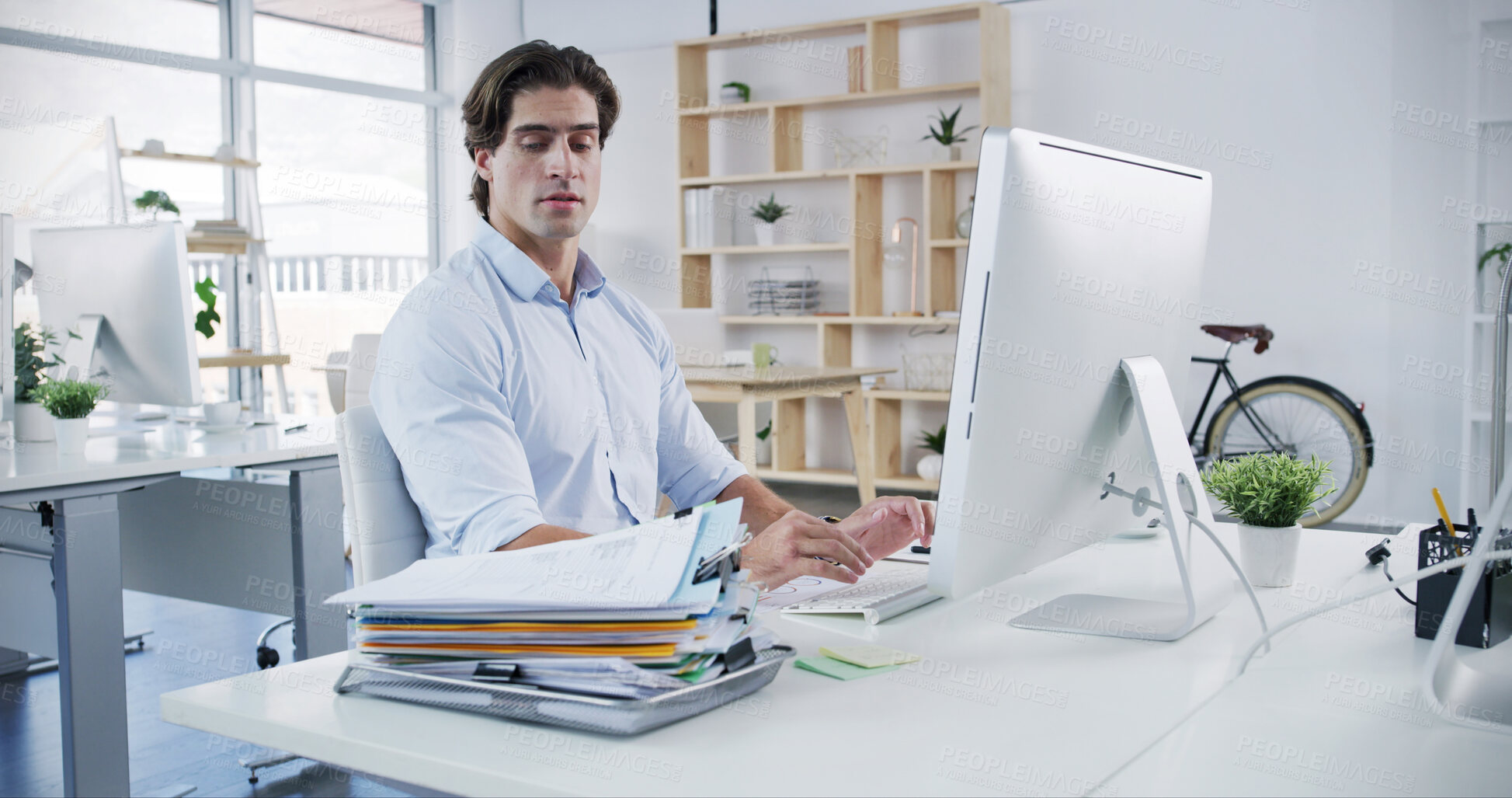 Buy stock photo Computer, pile of documents and business man with work load for online project, website and internet. Professional, corporate and person on pc with files for research, proposal review and deadline