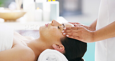 Buy stock photo Woman, facial and hands with masseuse for massage, spa treatment or relaxation at luxury resort. Closeup, female person or therapist with client for lymphatic drainage, stress relief or zen at salon