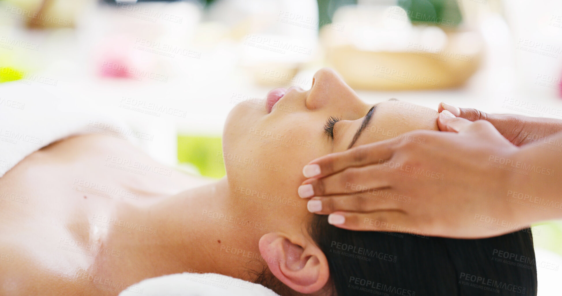 Buy stock photo Woman, face or hands with masseuse in relax for spa massage or facial treatment at luxury resort. Closeup, female person or therapist with client for lymphatic drainage, stress relief or zen at salon