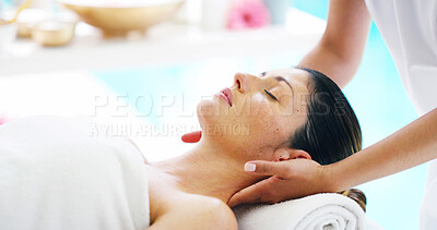 Buy stock photo Woman, rest and massage at spa outdoor with cosmetic, dermatology treatment and hospitality services. People, masseuse and sleeping with body pamper, luxury resort and skincare wellness for self care