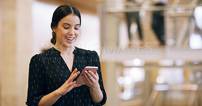 Buy stock photo Business, woman or happy with smartphone in office for checking notifications, text message or reading email. Professional, employee or phone for online networking, mobile chat or social media scroll