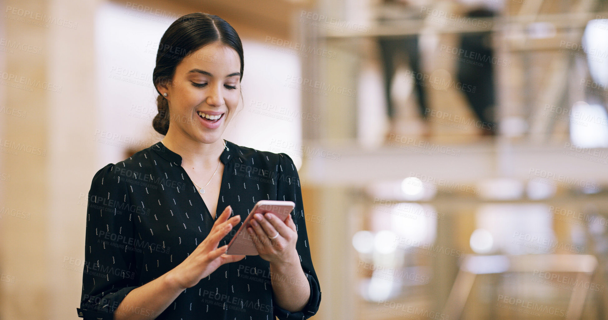 Buy stock photo Business, woman or happy with smartphone in office for checking notifications, text message or reading email. Professional, employee or phone for online networking, mobile chat or social media scroll