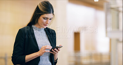 Buy stock photo Business, woman and connection with phone in office for checking notifications, social media scroll or mobile chat. Professional, person or smartphone for online networking, reading email or research