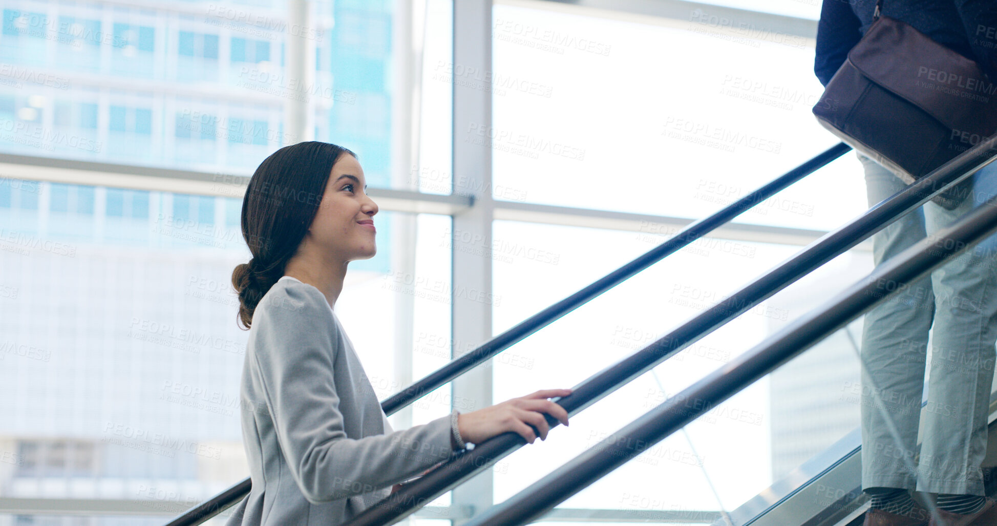 Buy stock photo Business woman, escalator and travel at airport for flight, international journey and thinking. Professional trip, happy worker and lobby for arrival, immigration or airline broker on moving stairs