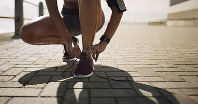 Buy stock photo Hands, outdoor and woman with shoelace for fitness, running and walking for health. Female person, closeup and preparing in training shoes with jogging, exercise and workout for wellness or self care