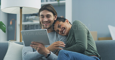 Buy stock photo House, relax and couple on sofa, tablet and funny with connection, love and laughing in living room. Apartment, hug or man with woman on couch, technology or meme with happiness, humor or online joke