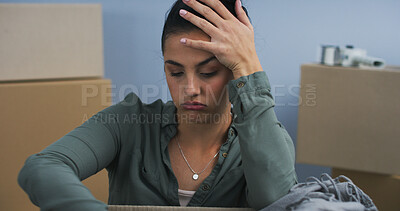 Buy stock photo Moving, woman and stress with packing box for eviction, home repossession and frustrated with property debt. Person, relocation and anxiety with mortgage payment fail, mistake and risk of house loss