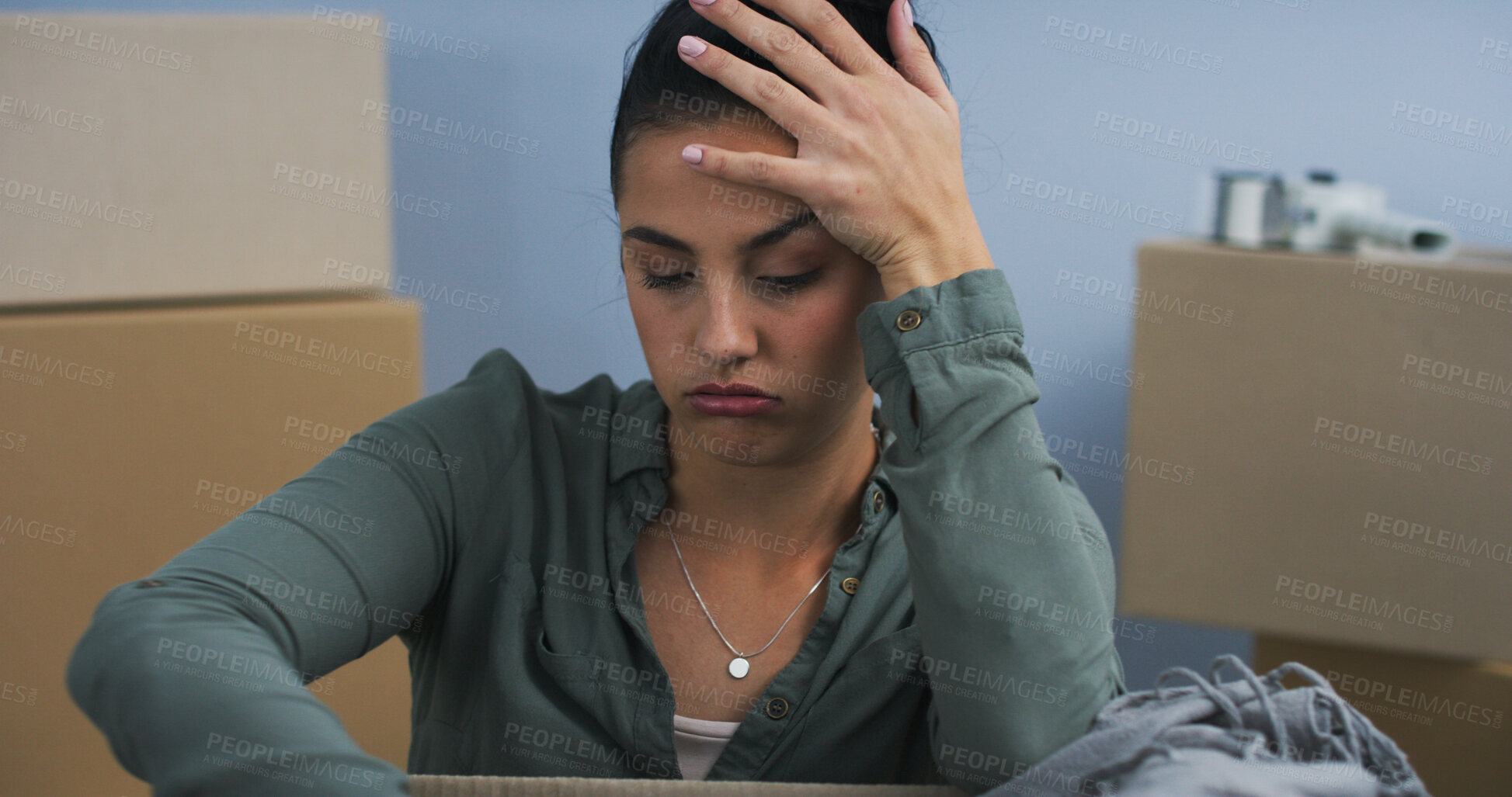 Buy stock photo Moving, woman and stress with packing box for eviction, home repossession and frustrated with property debt. Person, relocation and anxiety with mortgage payment fail, mistake and risk of house loss