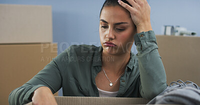 Buy stock photo Moving, woman and frustrated with packing box for eviction, home repossession and stress for property debt. Person, relocation and anxiety with mortgage payment fail, mistake and risk of house loss