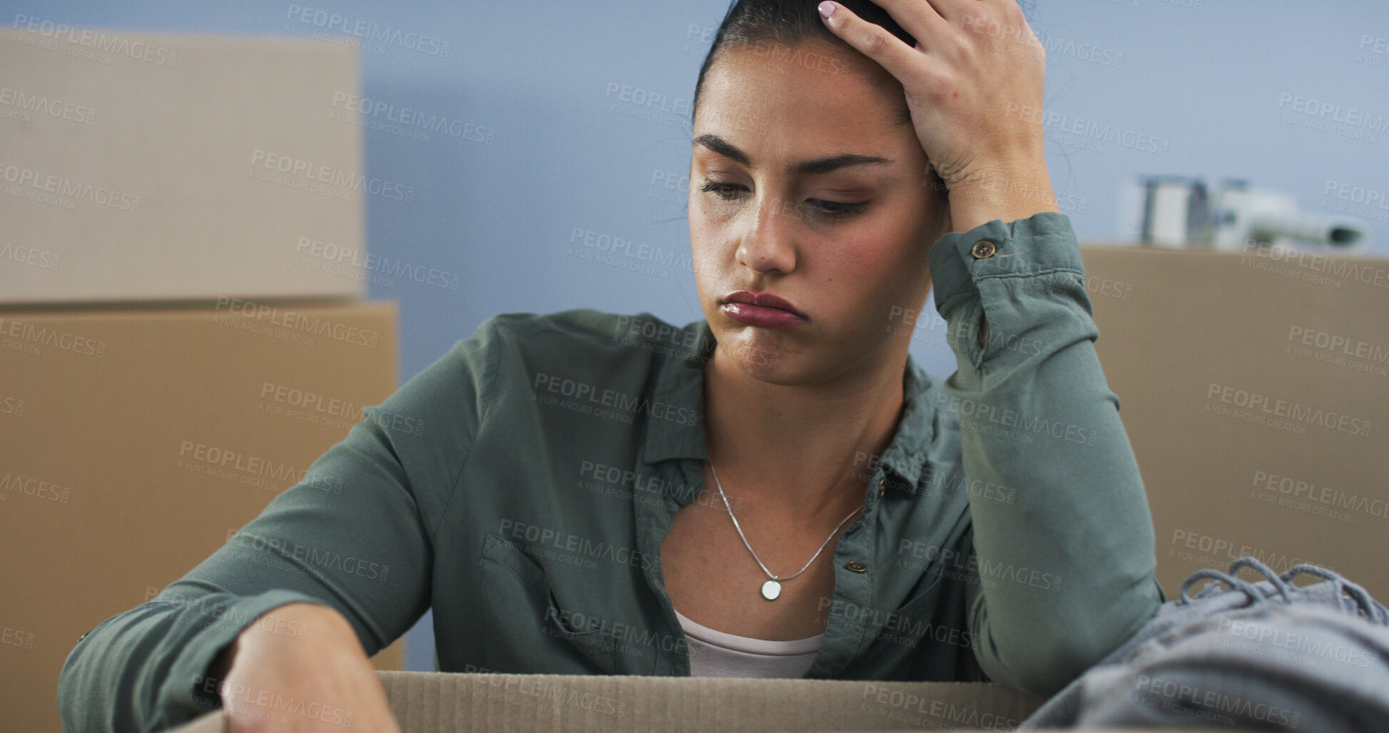 Buy stock photo Moving, woman and frustrated with packing box for eviction, home repossession and stress for property debt. Person, relocation and anxiety with mortgage payment fail, mistake and risk of house loss