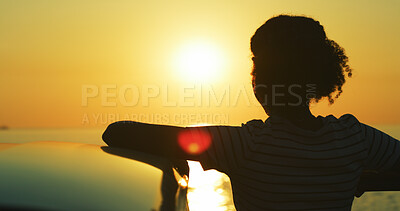 Buy stock photo Woman, silhouette and car with beach sunset for natural view, holiday or road trip vacation in nature. Female person, tourist or travel with sunshine for scenery, sightseeing or destination by ocean