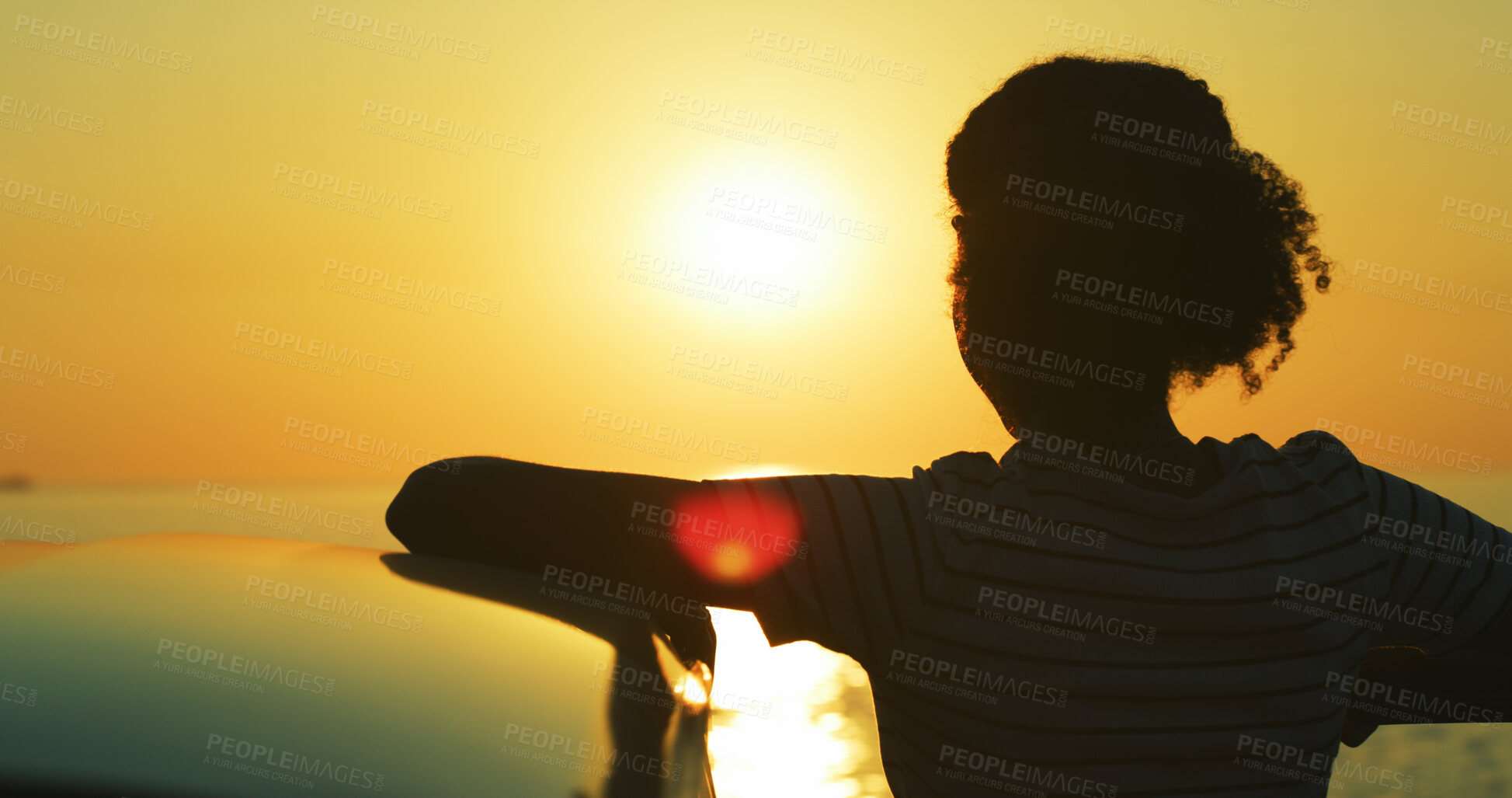 Buy stock photo Woman, silhouette and car with beach sunset for natural view, holiday or road trip vacation in nature. Female person, tourist or travel with sunshine for scenery, sightseeing or destination by ocean