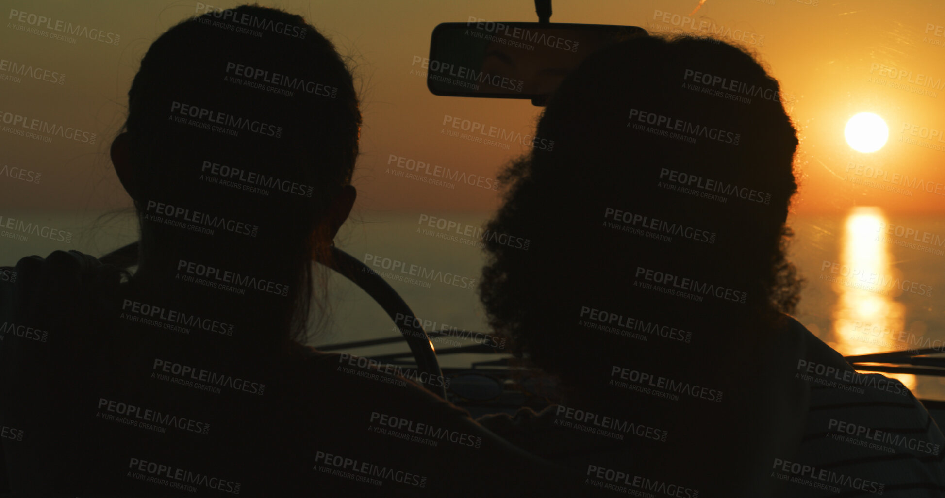 Buy stock photo Couple, sunset and view of beach in car with silhouette, sightseeing or travel adventure with break. Lesbian people, road trip and scenery of ocean on weekend vacation and bonding together in nature