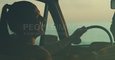 Buy stock photo Happy woman, drive or night with beach for road trip, vacation or holiday together in nature. Female person, tourist or friends with smile for destination, natural view or sightseeing by ocean coast