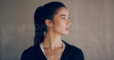 Buy stock photo Sportswear, woman and thinking of fitness, wall and mindset workout, athlete and thoughtful for sport. Contemplating, ideas and planning for exercise, wellness and person with goals and remember