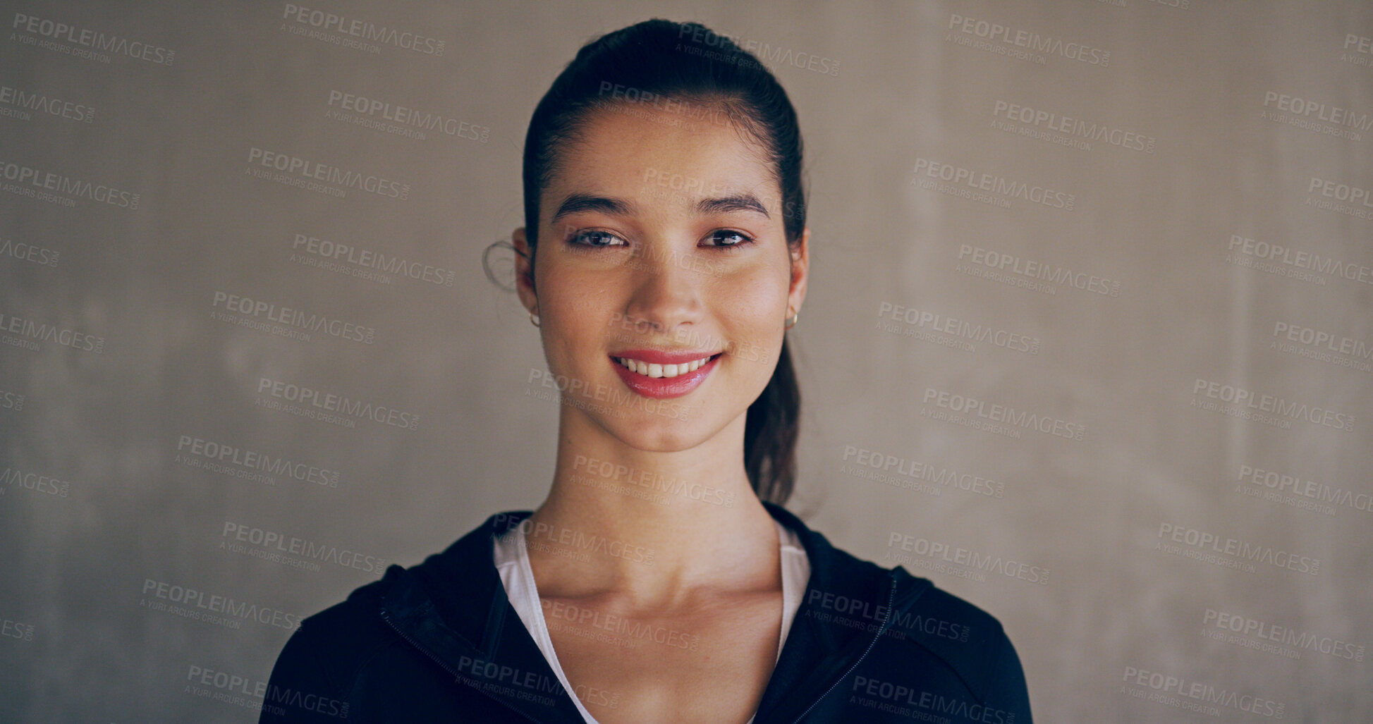 Buy stock photo Wall, runner and portrait of happy woman for fitness training, workout and sports exercise. Outdoor, grey background or face of healthy girl athlete with confidence for running and jogging in Spain