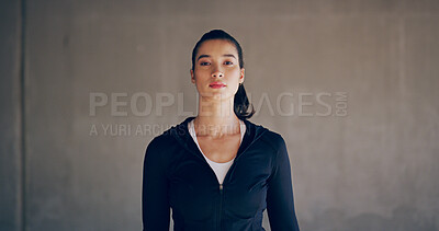 Buy stock photo Wall, serious runner and portrait of woman for fitness training, workout and sports exercise. Outdoor, grey background or face of healthy girl athlete with confidence for running and jogging in Spain