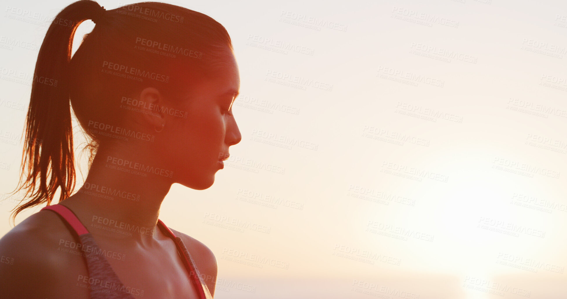 Buy stock photo Sunset, fitness or woman with space for thinking of training, outdoor workout or challenge. Girl runner, view or profile of female athlete with mockup for running exercise, ideas or jogging practice